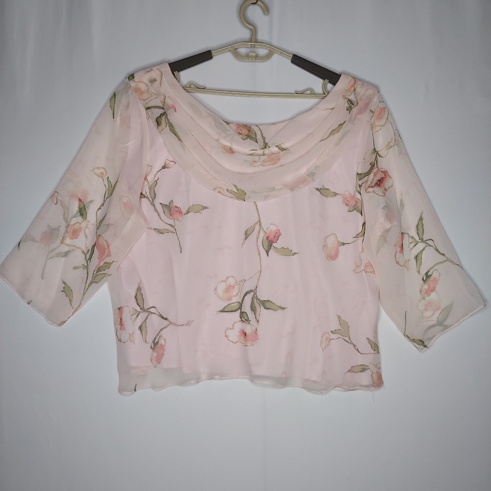 90s JBS Sheer Overlay Rose Top Women 24W Chiffon Cowl Fairy‎ Ethereal Whimsigoth